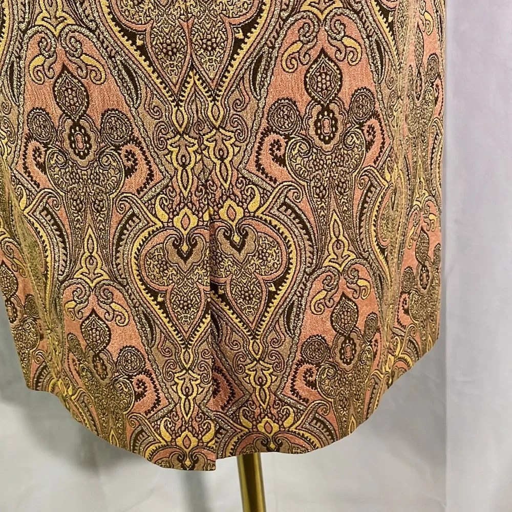 Talbots Pink Yellow & Metallic Gold Jacquard Print Silk Blend Pencil Skirt